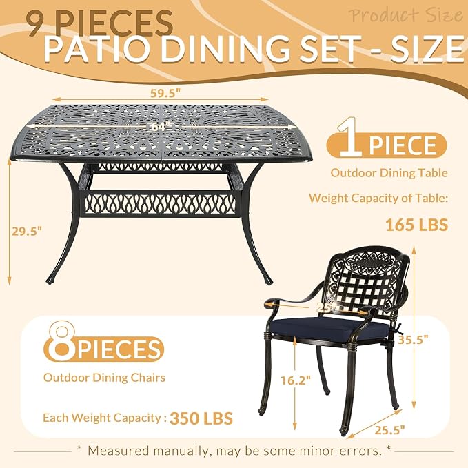 9 Piece Outdoor Patio Dining Set for 8, Cast Aluminium Large Square Dining Table & 8 Cushioned Stackable Chairs, Umbrella Hole, Patio Furniture Set for Garden Porch Poolside, Navy Blue