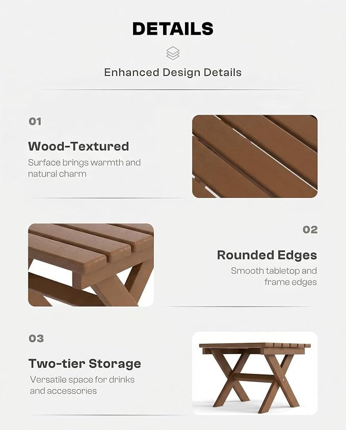 Outdoor Folding Side Table, Lightweight & Space-Saving Design, All-Weather HDPE Material, Realistic Wood-Grain Finish(Teak,1 Table)