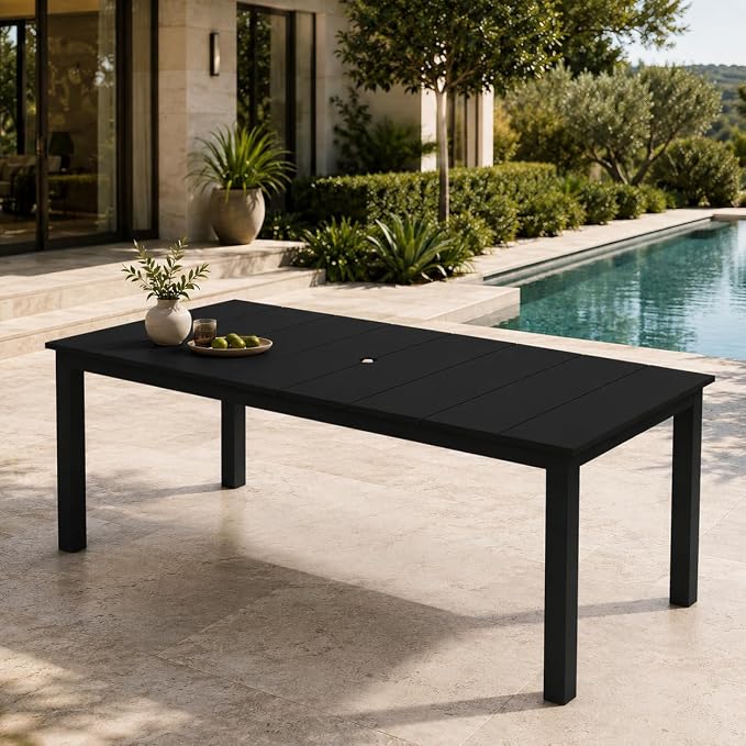 75.2" Outdoor Dining Table for 4-6 People, Patio Dining Outdoor Table with Umbrella Hole, All Weather Patio Table for Backyard, Deck and Garden, Black