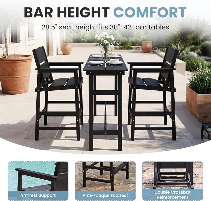 HDPE Outdoor Bar Chairs Set of 2, 28.5" Seat Height Bar Height Patio Stools with Armrest & Back, Heavy Duty All Weather High Top Chairs for Porch/Poolside/Deck, 400lb Capacity, Black