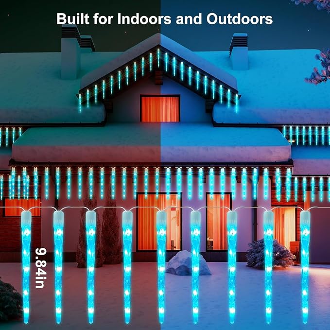 Brightown Color Changing Icicle Lights Outdoor 32.8FT 20 Tubes 100 LED Smart Christmas Lights, 39 Color Modes Waterproof Connectable Icicle Indoor Decoration for Tree Patio Roof Holiday, Smart