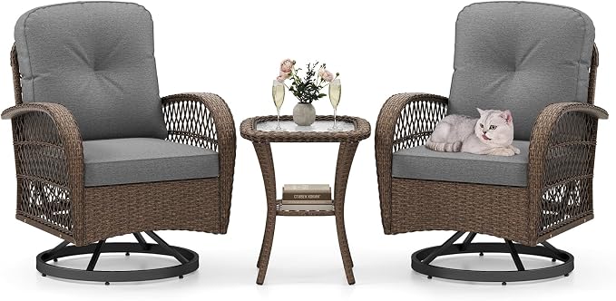 HAPPYGRILL 3 Pieces Outdoor Rattan Swivel Rocker Chairs Set with Tempered Glass Side Table, Outside Sectional Patio Conversation Furniture Set with Swivel Rocking Chairs for Deck Porch Garden (Grey)