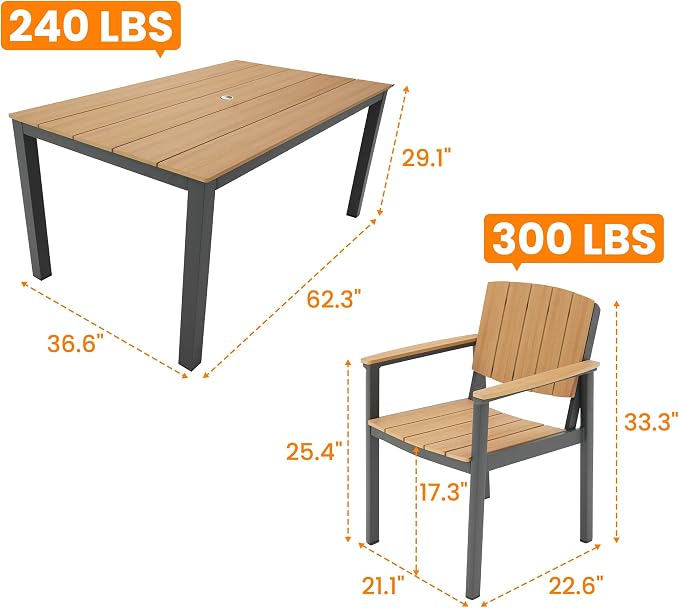 Outdoor Dining Sets Patio Table and Chairs Set 5-Piece, Aluminum Frame HDPS Faux Wood, All Weather Patio Dining Set with Umbrella Hole for Garden Backyard Poolside Nature Wood