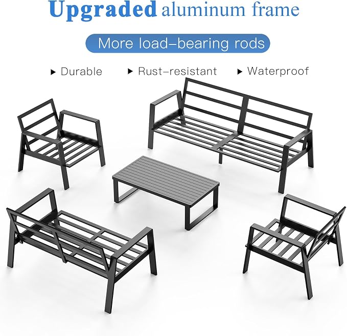 Aluminum Outdoor Patio Furniture Set, 5 Piece Sectional Coversation Sets with Coffee Table, Modern Outdoor Sofa Couch with Thick Cushions for Porch, Balcony, Garden, Light Gray