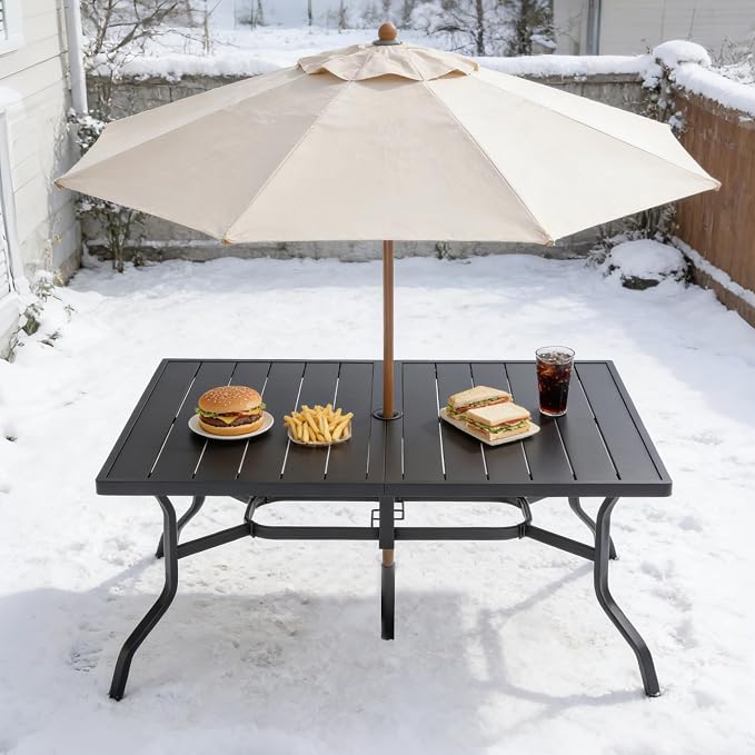 KEIKI Outdoor Dining Table for 56.69" Rectangular Metal Patio Tables with Umbrella Hole & Anti-Slip Pads, All-Weather Black Rectangle Table for Porch, Garden, Yard, Lawn, Poolside, Balcony