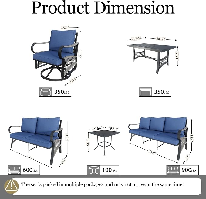 9 Pieces Patio Conversation Sets, All-Weather Metal Swivel Rocking Chairs with Rope Furniture Set, Outdoor Sofa Couch for Deck, Porch, Garden, Backyard, Poolside (Blue Cushions)