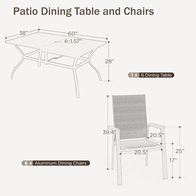 PHI VILLA 7 PCS Patio Dining Set, Aluminum Outdoor Furniture, Patio Table and Chairs for 6, Lightweight Stackable Chairs and Large Metal Dining Table for Garden Yard Deck, Beige