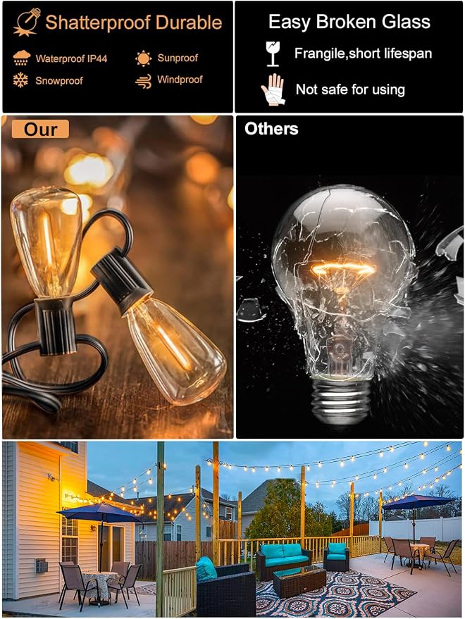Outdoor String Lights Waterproof 300FT Patio Lighting for Outside Backyard | 3-Pack x 100FT Connectable Outdoor Lights, 156 Shatteproof Dimmable Edison Bulbs for Porch Bistro Garden Gazebo Balcony Cafe