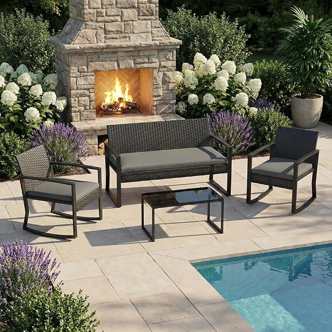 Garvee 4 Piece Patio Furniture Set, PE Rattan Outdoor Rocking Chair Conversation Set with Coffee Table, Outdoor Wicker Patio Table and Chairs Set for Patio, Porch, Backyard, Grey
