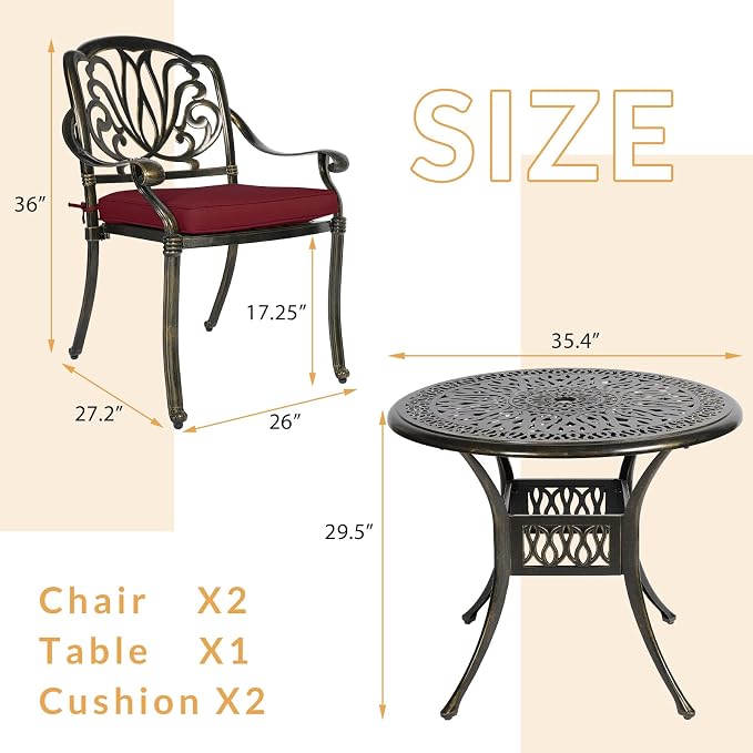 3-Piece Outdoor Patio Dining Set, All-Weather Cast Aluminum Patio Furniture Set for Backyard Garden Deck with 2 Cushioned Chairs and 35.4” Round Table, 2" Umbrella Hole, Chili Red