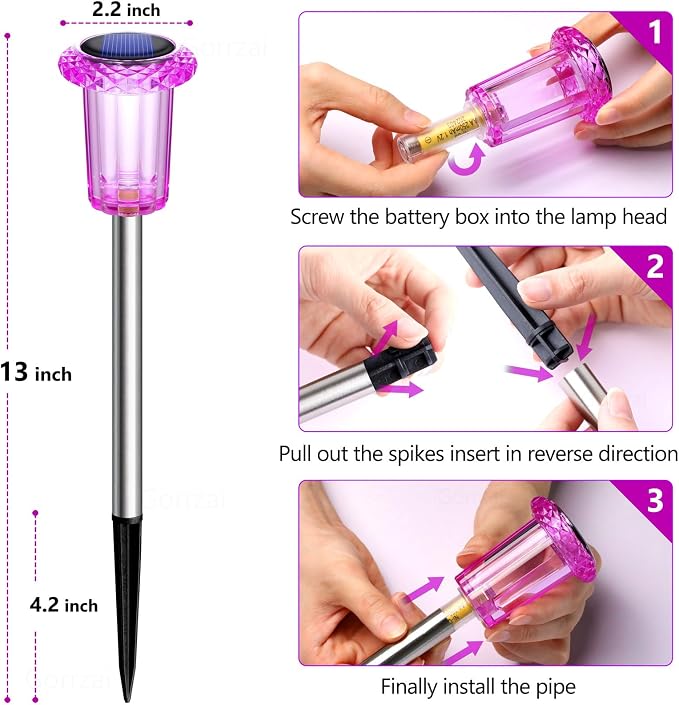 10 Pack Solar Lights Outdoor Waterproof LED Pink Pathway Lighting | Auto On/Off Stake Lights for Yard Garden Walkway Outside Driveway, Acrylic Diamond-like Lampshade, Stainless Steel Pole