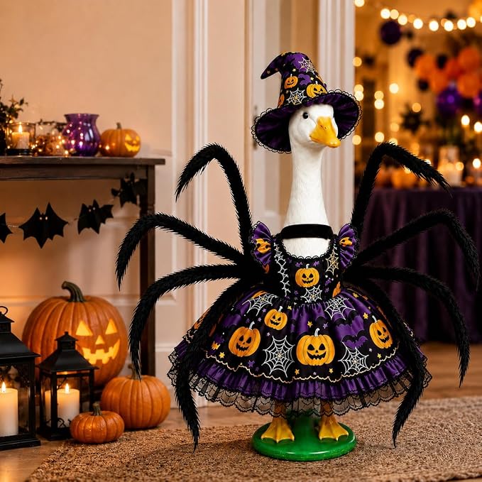 Halloween Porch Goose Outfits for 23'' Lawn Geese Statue, Pumpkin Porch Goose Outfit Costume with Dress Witch Hat Spider Wing, Outdoor Garden Goose Decor for Patio Yard Lawn Halloween Ornament