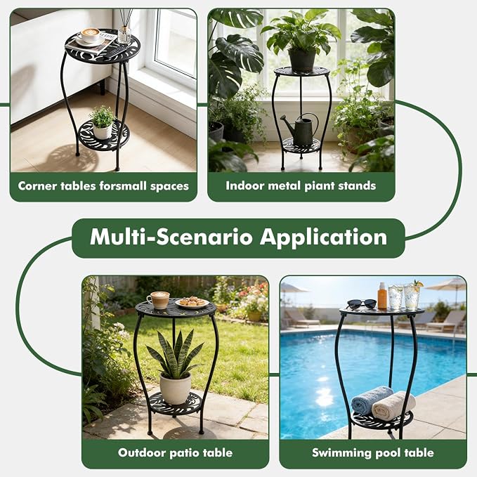 Party Zealot Two-Tiered 13 Inch Metal Round Side Tables Small Black Outside End Table for Patio Round Accent Garden Corner Stand for Small Spaces Weather-Resistant Outdoor Coffee Table for Balcony