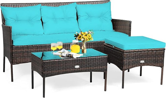 HAPPYGRILL 3 Piece Outdoor Rattan Conversation Set Patio Furniture Set with Tempered Glass Coffee Table, 5 Elastic Seat & Back Cushions, Sectional Sofa Set for Poolside Balcony Backyard