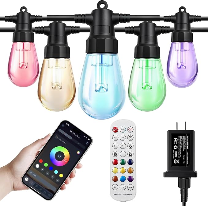 Color Changing Outdoor String Lights 48FT, Waterproof Patio Lights | 15 Dimmable Shatterproof LED Bulbs,Multicolor & Warm White, IP67 Waterproof, Custom Colors, Timer, Replaceable LED Chips, 24V