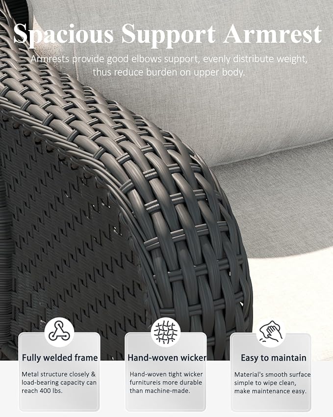 LayinSun 5 Piece Wicker Outdoor Furniture Set with 6-inch Comfy Cushions, High Back Patio Furniture Set with Swivel Rocking Chairs and Fire Pit Table