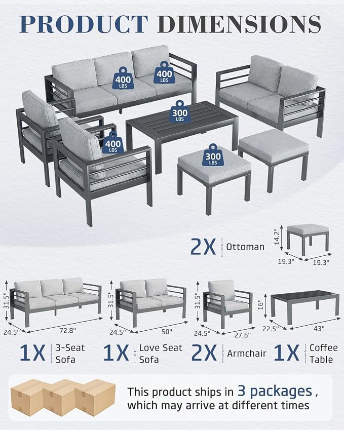 AECOJOY Aluminum Patio Furniture Set, 9 Seats Modern Outdoor Furniture with Coffee Table, 7 Pieces Metal Conversation Sectional Sofa, Light Gray