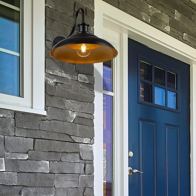 Outdoor Barn Light Fixture, Farmhouse 16 Inch Dome Large Black Exterior Wall Sconce, Industrial Wall Lantern for Porch, House, Garage, Patio, Front, 2 Pack