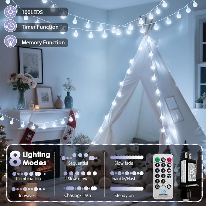 Connectable 43FT Globe String Lights Indoor, 100LED Classroom Lights | White Fairy Lights Plug in, Remote Control, 8 Modes, Hanging Light for Bedroom Outdoor Party Classroom Christmas Decor