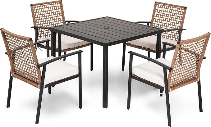 LAUSAINT HOME 5 Pieces Outdoor Patio Dining Set, Wicker Patio Furniture Set of 4 Chairs with Soft Cushion and Square Table with Umbrella Hole, Conversation Set for Backyard, Garden and Poolside