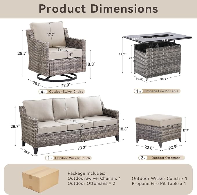 Patio Furniture Set with 42.5" Fire Pit Table-8 Pieces All Weather Wicker Outdoor Furniture with High Back Swivel Patio Chairs Set of 4 Outdoor Patio Conversation for Deck Garden Beige/Gray