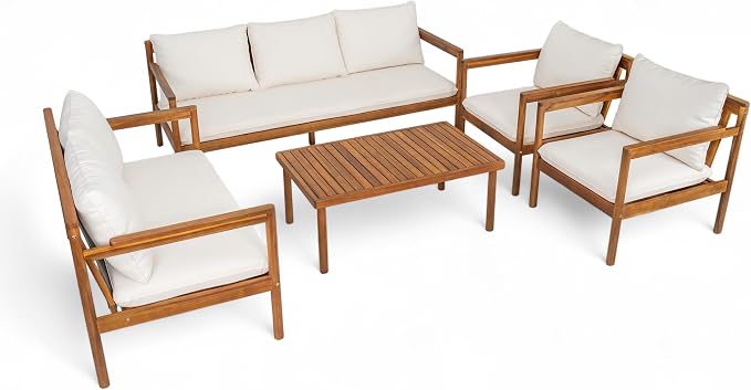 Christopher Knight Home Vorms 5-Piece Acacia Wood Patio Furniture Set with Rope Backrest, Patio Conversation Chat Set for Backyard Balcony, Outdoor 7-Seater Seating Group with Coffee Table, Teak+Cream