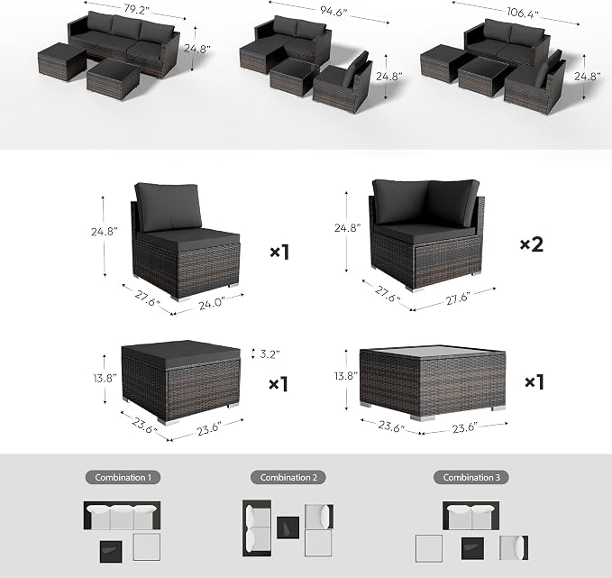 WWR Patio Furniture Set 5 Piece - Wide Armrests - All-Weather Wicker Rattan Outdoor Conversation Couch Sets, Modular Sectional Sofa for Garden, Patio, Poolside, Backyard, Balcony, Porch