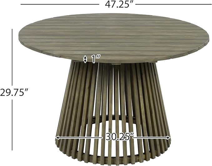 roomfitters 47.25" Round Outdoor Dining Table, Slatted Pedestal Base Acacia Wood Patio Table for 4-6 People, Grey