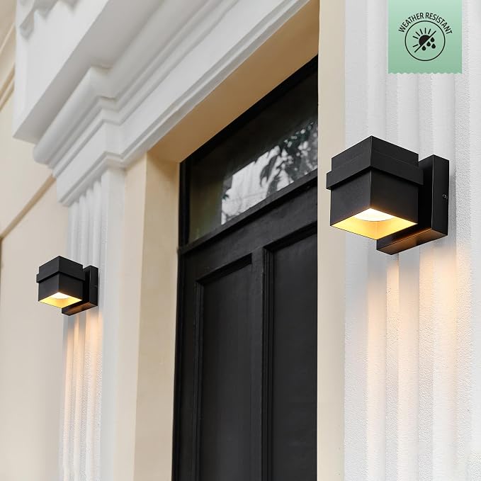 Globe Electric 60000022 11.5W LED Integrated Outdoor Wall Sconce, Matte Black, Gold Accent, 400 Lumens, 3000 Kelvins, 90 CRI, Front or Back Porch Decor, Modern Minimalist Exterior Lighting
