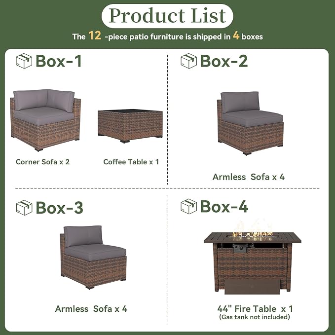 Aoxun 12 Piece Patio Furniture Set with 44” Fire Pit Table Wicker Rattan Outdoor Sectional Sofa Set with Coffee Table and Thickened Cushions, Grey