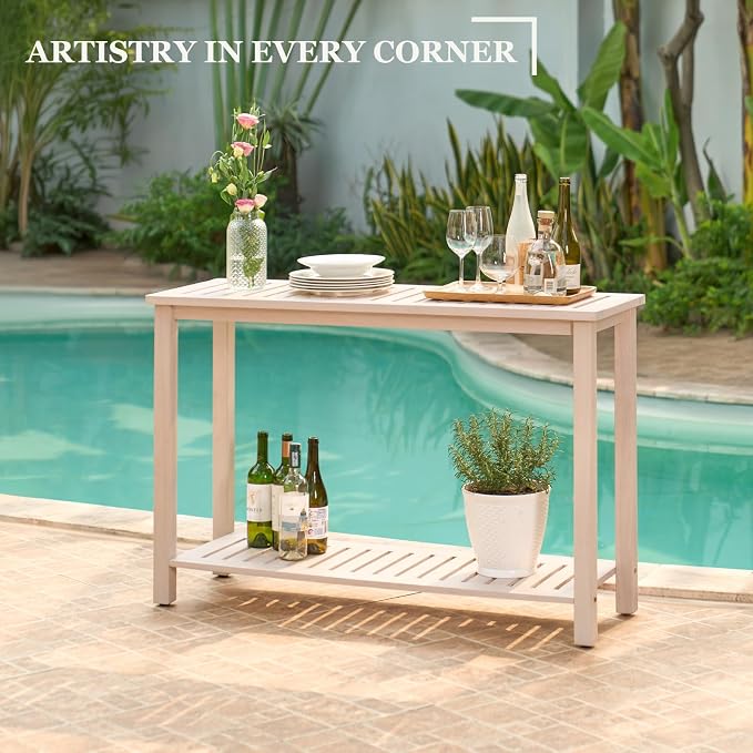 Premium 2-Tier Wooden Console Table with Storage Shelf Solid Eucalyptus Wood 48.03"x 16.14"x 31.1" Entryway Sofa Table for Hallway, Living Room (Whitewash)