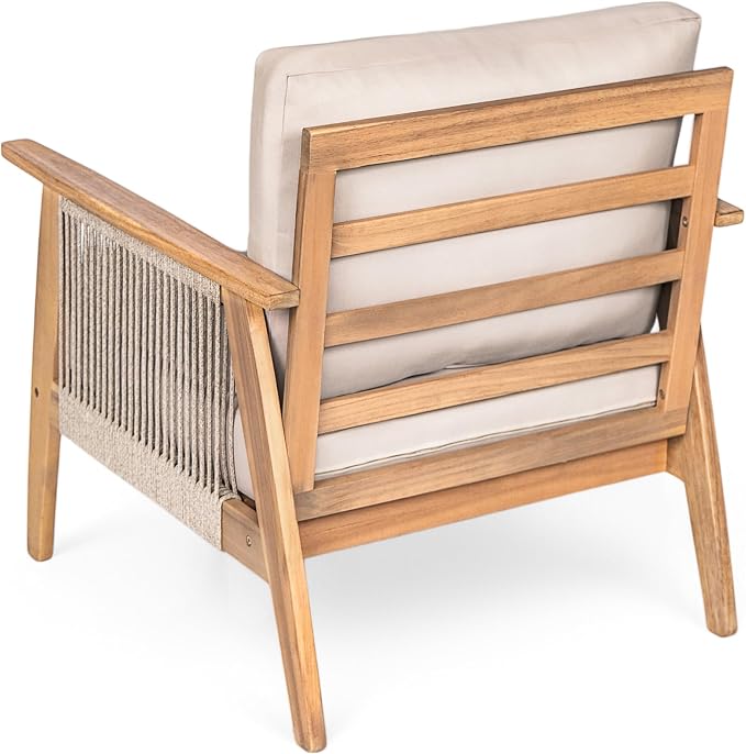 Christopher Knight Home Lorna 4-Seater Patio Furniture Set with Removable Cushion, 4 Piece Outdoor Acacia Wood Conversation Set, Sold Wood Outdoor Sectional Sofa Set with Coffee Table, Teak+Beige