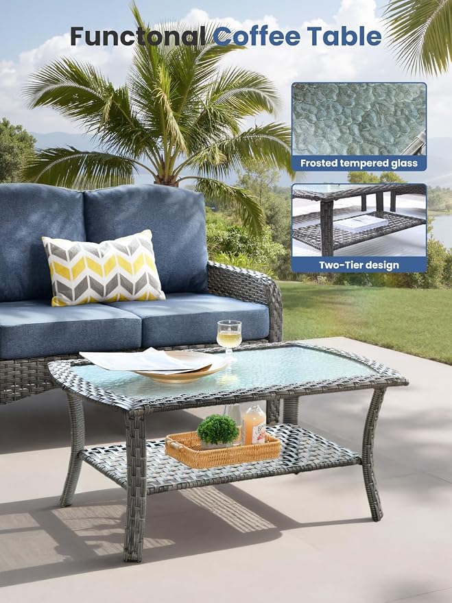 2-Piece Outdoor Patio Furniture Set with Coffee Table, Outdoor Conversation Wicker Sofa with Thickened Cushions, Rattan Couch for Deck Yard Poolside, Blue