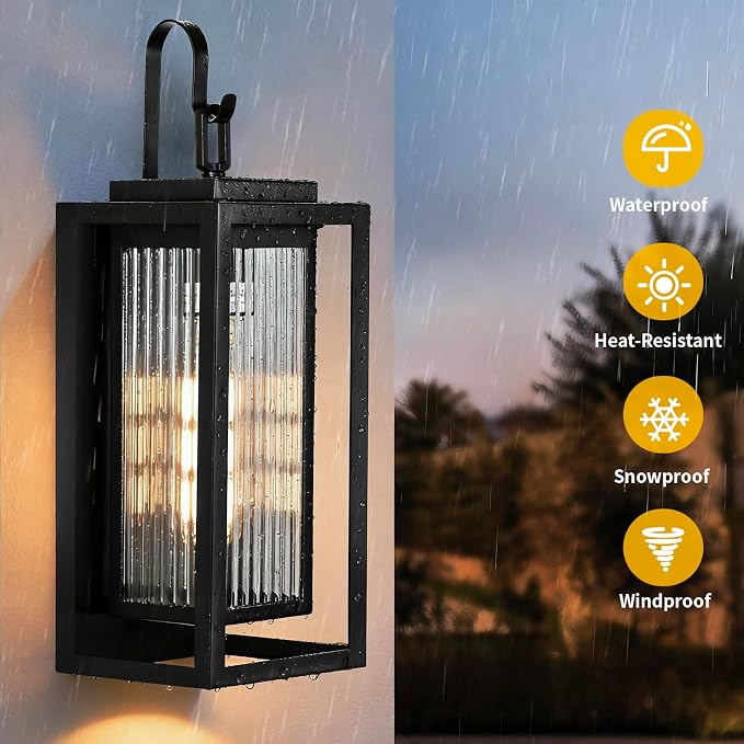 Outdoor Wall Lights for House Exterior, 18 Inch Large Black Modern Lantern with Dual Metal Frame & Textured Glass, IP65 Waterproof (Bulbs Included)