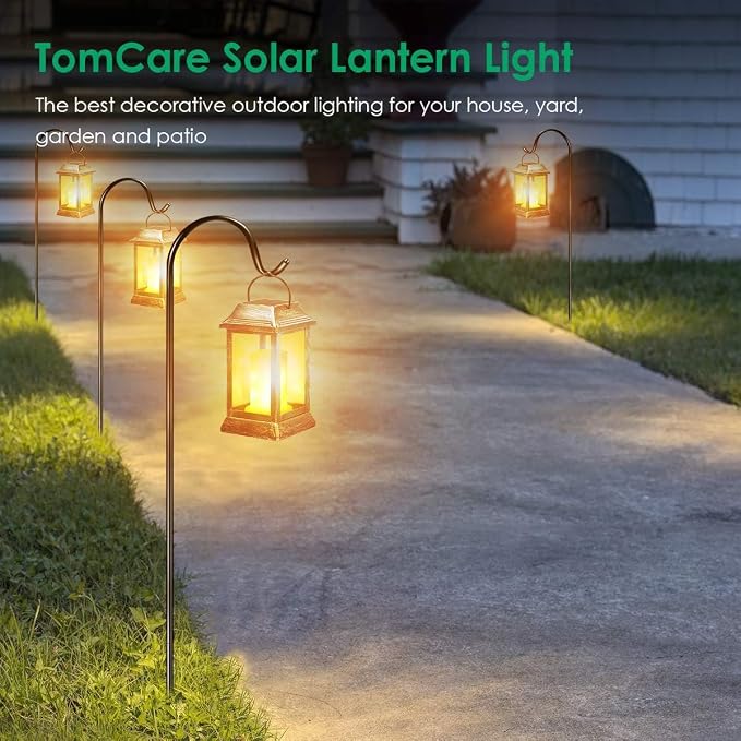 TomCare Flickering Flame Solar Lights Outdoor Metal Hanging Lantern, 4 Pack | Realistic Flame Effect, Charges in 6-8 Hours, 10-12-Hour Runtime, IP65 Waterproof, Auto On/Off for Patio, Garden and Porch