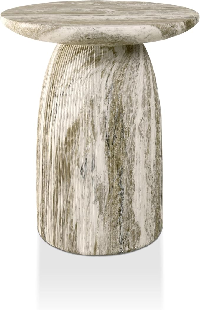 24/7 Shop at Home Ranera Modern 17-inch Natural Stone Side Table with Round Pedestal Base, Marble Nightstand, Fluted Patio End Table, for Living Room, Covered Outdoor Spaces, Balcony, Gray Travertine