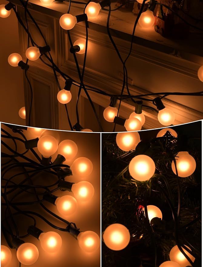 SUNSGNE G40 Round Christmas Lights Outdoor, 25ft Vintage Christmas Globe Lights with 27 5W Frosted White Lights(2 Spare) for Outdoor Garden Party Wedding Backyard Patio Decor, Green Wire
