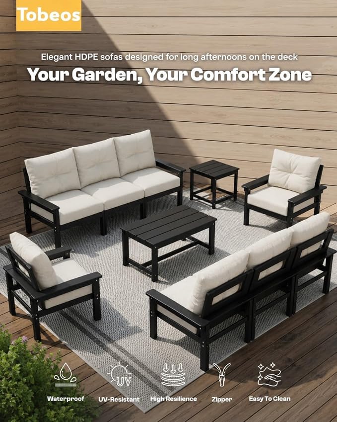 HDPE 4 Piece Patio Furniture Set, All-Weather Outdoor Couch with Thick Cushions & Coffee Table, Patio Conversation Sets for Lawn, Garden, Porch, Balcony, Deck, Poolside,Black Frame Beige Cushion