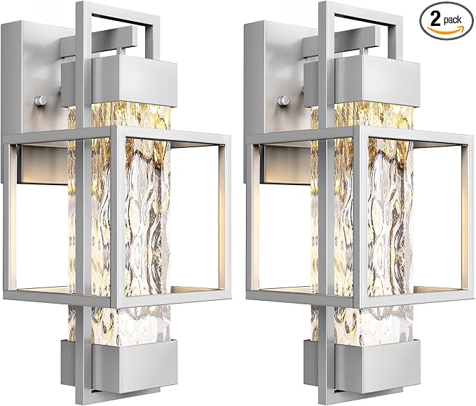 Modern Outdoor Light Fixtures Dusk to Dawn Outdoor Lighting 2 Pack, 15" Exterior Wall Sconce Waterproof Outside Porch Light for House with Water Glass for Garage Doorway Silver
