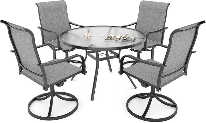 Outdoor Grey Patio Swivel Rocker Chairs and 40" Glass Round Table Set Sty2 | 4 Piece Swivel Chairs: High Back, Curved Armrest, Textilene Fabric, Rocking; 48 inch Metal Round Table, All Weather