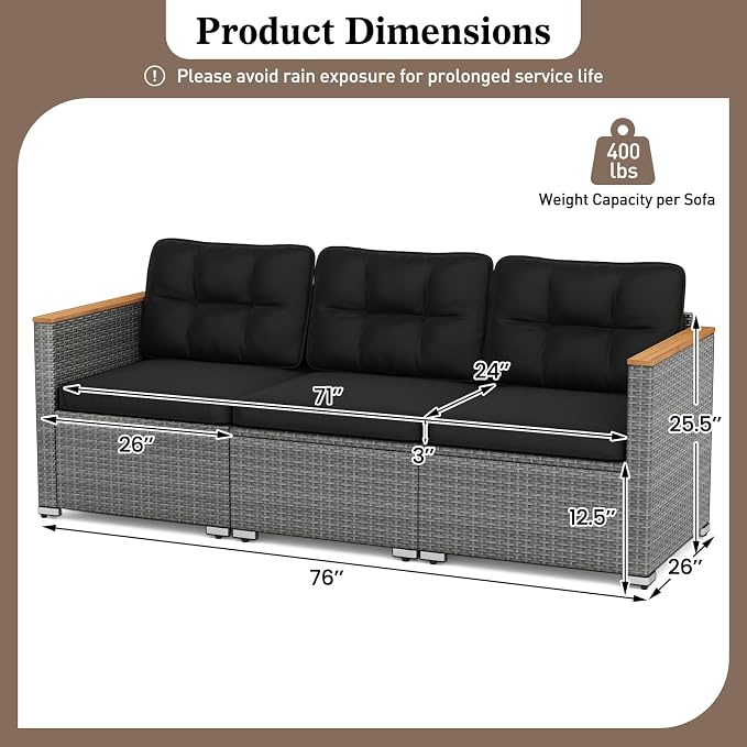 Tangkula 3-Seat Patio Wicker Couch Sofa, Outdoor 3 Seater Rattan Furniture Set with Acacia Wood Armrests & Thick Cushion, Outside Sectional Sofa Couch for Porch, Deck, Garden and Backyard, Black