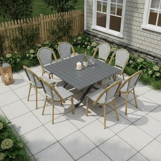 PURPLE LEAF 9 Pieces Outdoor Dining Set Patio Furniture Set with Large Aluminum Table and French Bistro Chairs for Garden Backyard Gray Patio Dining Set
