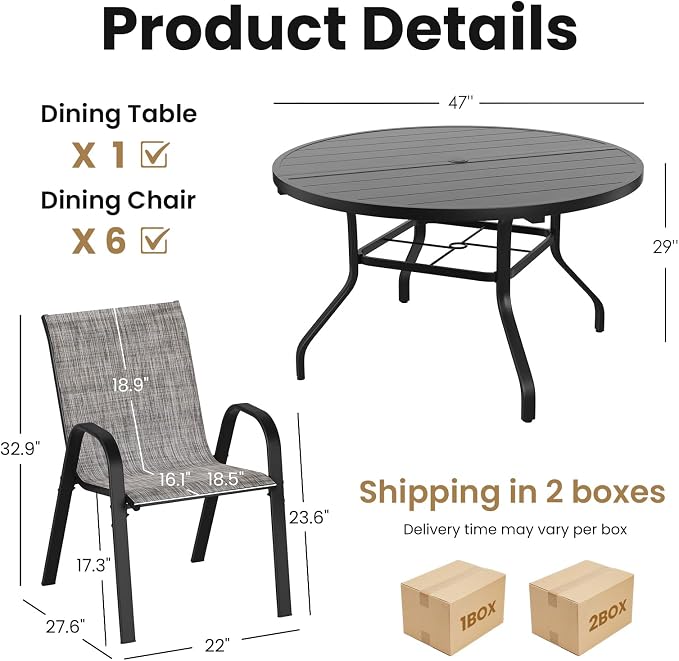 Soohow Outdoor Dining Set for 6, 7-piece Outdoor Patio Dining Set 6 x Stackable Patio Chairs & 1 x Round Table with Umbrella Hole, All-Weather Outside Table and Chairs for Backyard, Balcony, Porch