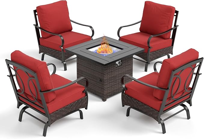 Patio Furniture Set with 32" Fire Pit Table, Patio Conversation Sets 4 Rocking Chairs with Thick Cushion and 50000 BTU Fire Pit Table (5 Pieces,Red