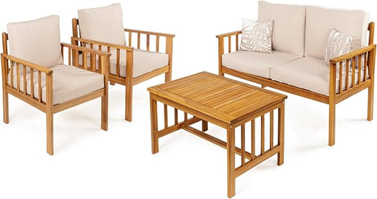 JONATHAN Y Everly 4-Piece Acacia Wood Outdoor Conversation Set, Modern Patio Seating with Loveseat, Coffee Table and Beige Cushions for Backyard, Porch and Garden, Teak Brown LVG1201B-4SET