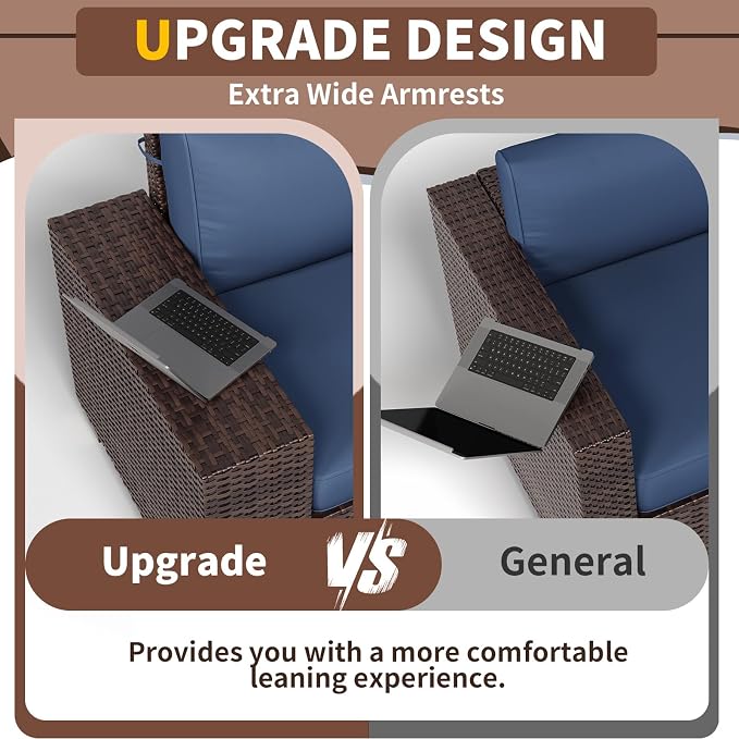 Outdoor Patio Furniture Set, 8'' Wide armrest Outdoor Sectional Rattan Sofa Set, Wicker Patio Furniture Sets w/Coffee Table,Thick Cushions and Cover for Porch, Balcony,Deck 6 PCS(Brown&Navy)
