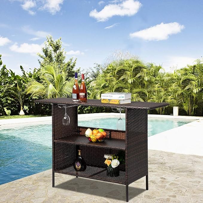 Modern bar and pub table set Bar Table for Pub, Kitchen Dining Coffee Table Table Bar Height Cocktail Table Tall Table for Kitchen Bistro Cafe Patio Outdoors Kitchen Cart with Wine Rack Glasses Holder