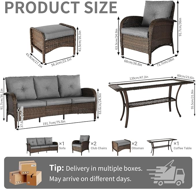 SHGJ&SOFT All Weather Patio Furniture Set, High Back Swivel Rocker Glider Chairs，Ottomans & Glass Tables, Outdoor Conversation Set for Deck Porch Yard Poolside (Grey, 7PCS-Sofa&Chairs&Ottomans&Table)