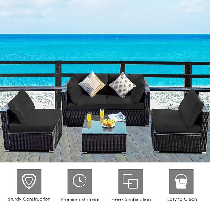 HAPPYGRILL 5 PCS Patio Furniture Set Outdoor Rattan Wicker Sofa Set with Coffee Table Sectional Sofa Conversation Set with Pillows Cushions for Backyard Porch Garden Poolside