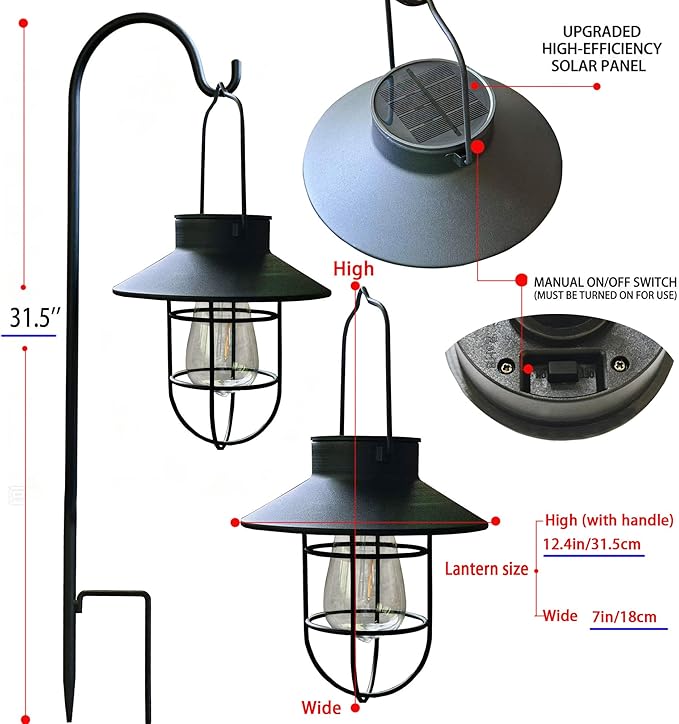 Solar Lantern 2pack Outdoor Hanging Light- Waterproof Vintage Metal Light with Shepherd Hook Decorative for Patio, Backyard, Porch, Yard (Black)